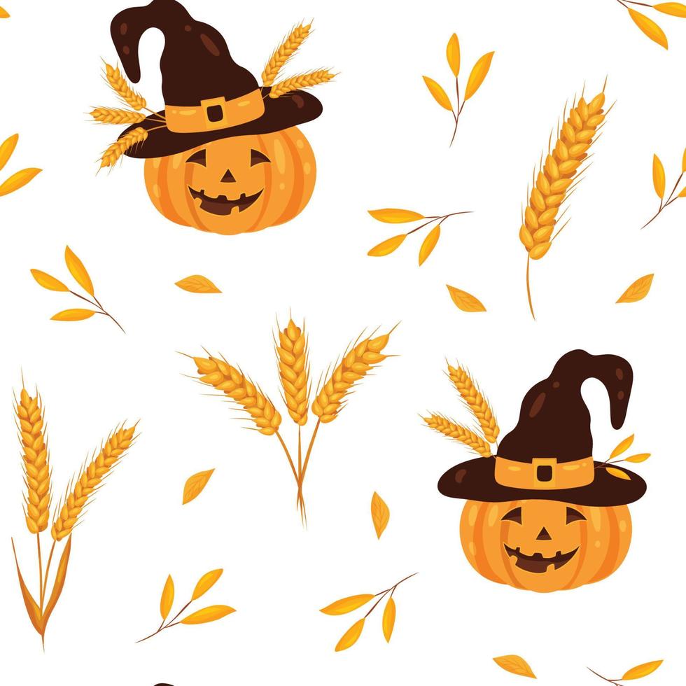 motif de citrouille d'halloween harmonieux en chapeau de sorcière, blé et feuilles jaunes sur fond blanc. vecteur