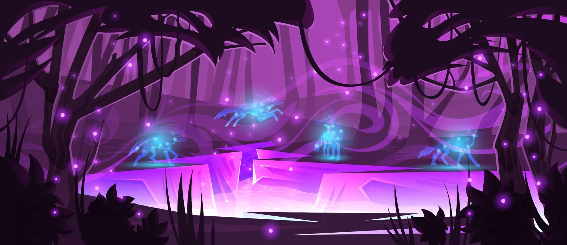 forêt magique avec loups, rivière et lumière violette vecteur