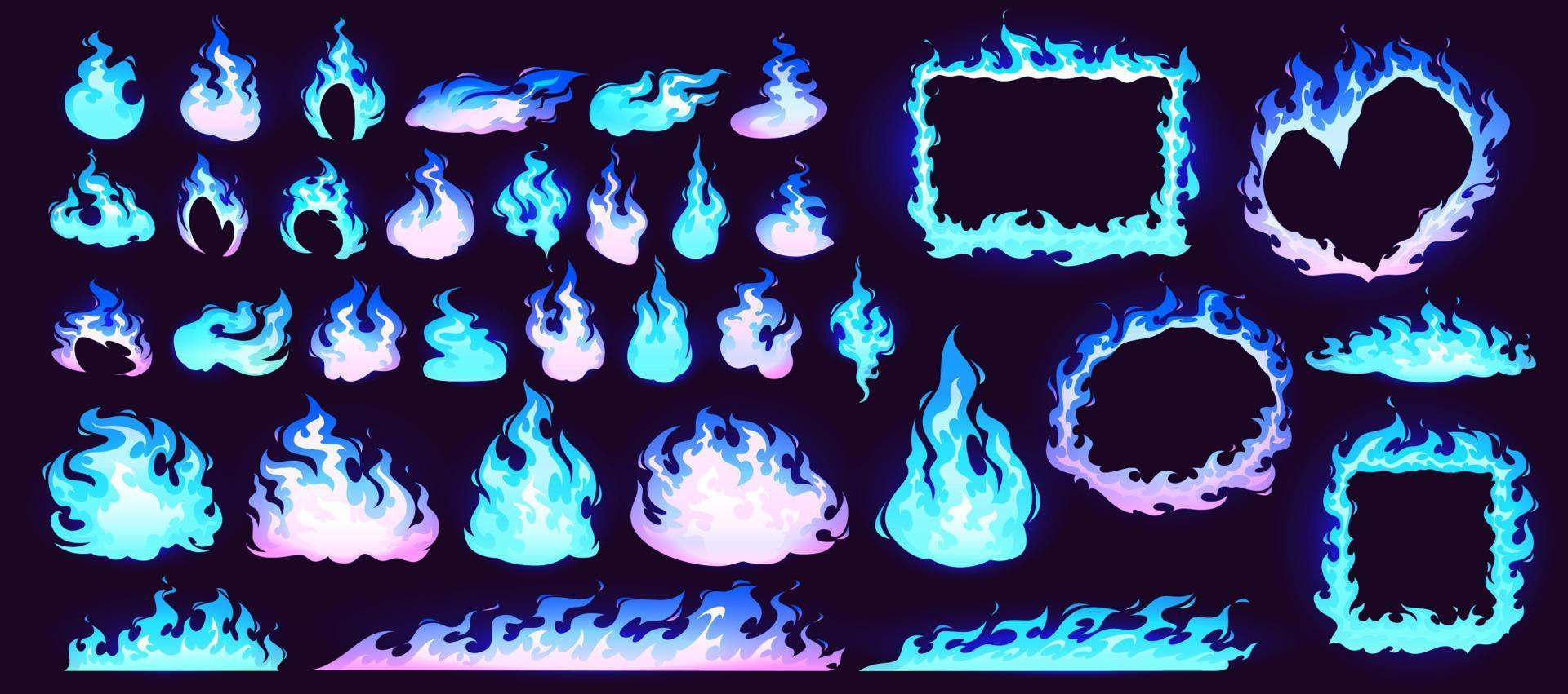 feu bleu brûlant, cadres et bordures de flamme vecteur