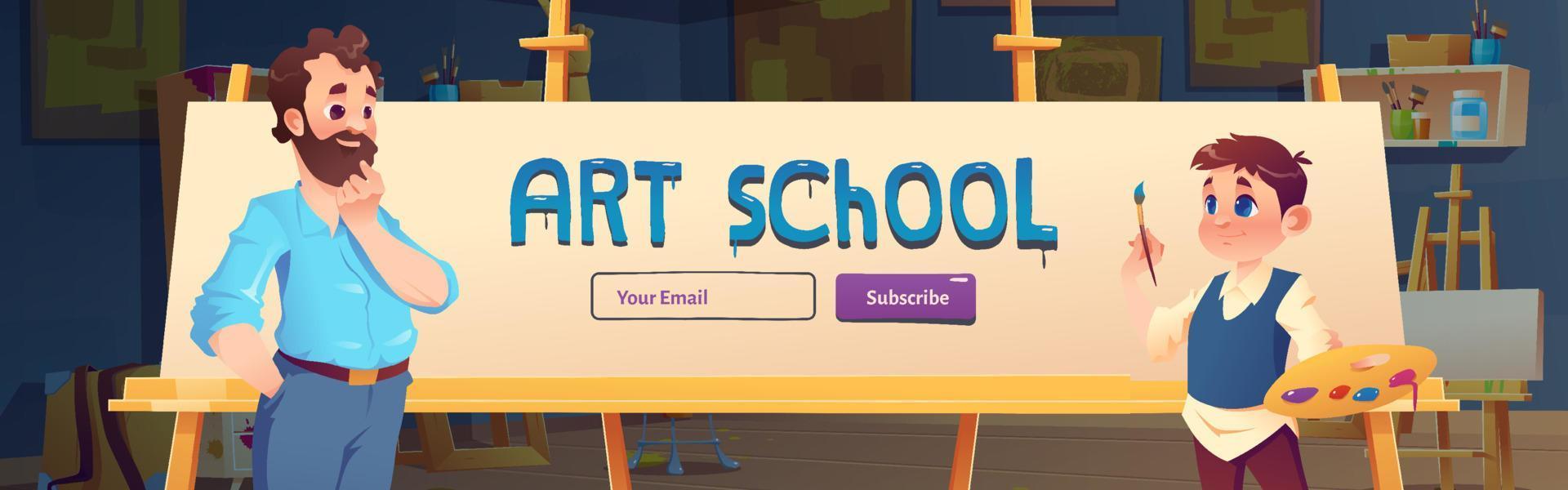 bannière web de dessin animé d'école d'art, éducation pour les enfants vecteur