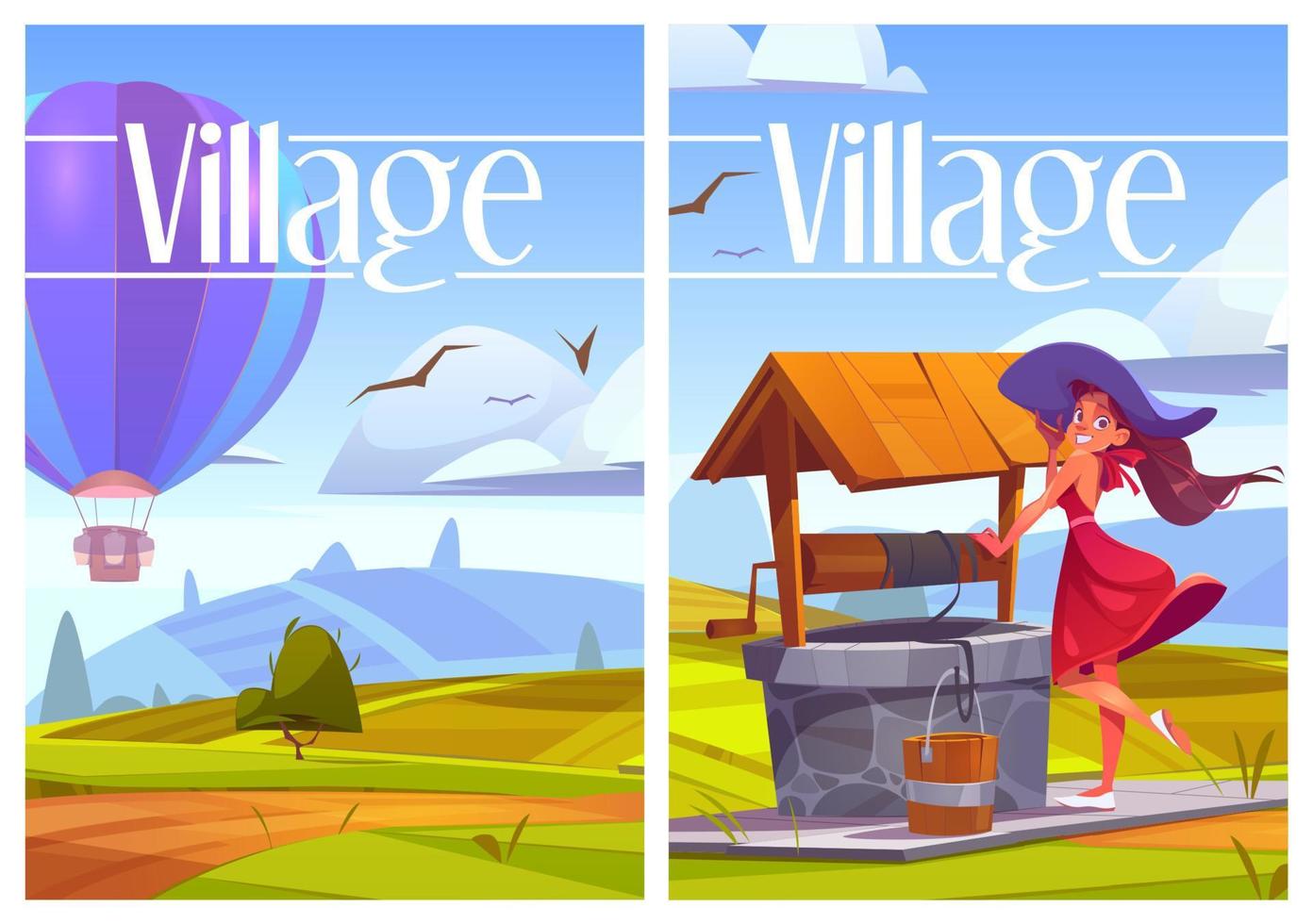 affiches de dessin animé de la vie du village, femme au puits rural vecteur