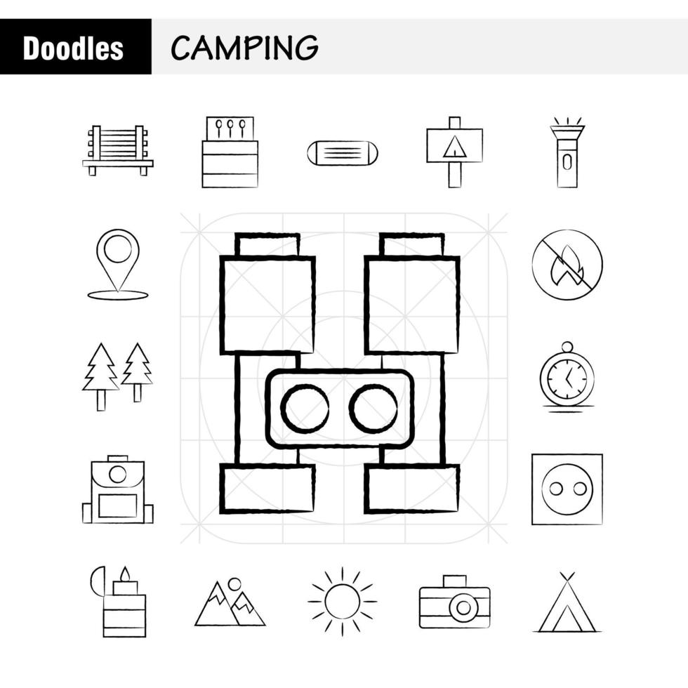 camping pack d'icônes dessinés à la main pour les concepteurs et les développeurs icônes de banc camping voyage en plein air match de camping vecteur de feu en plein air