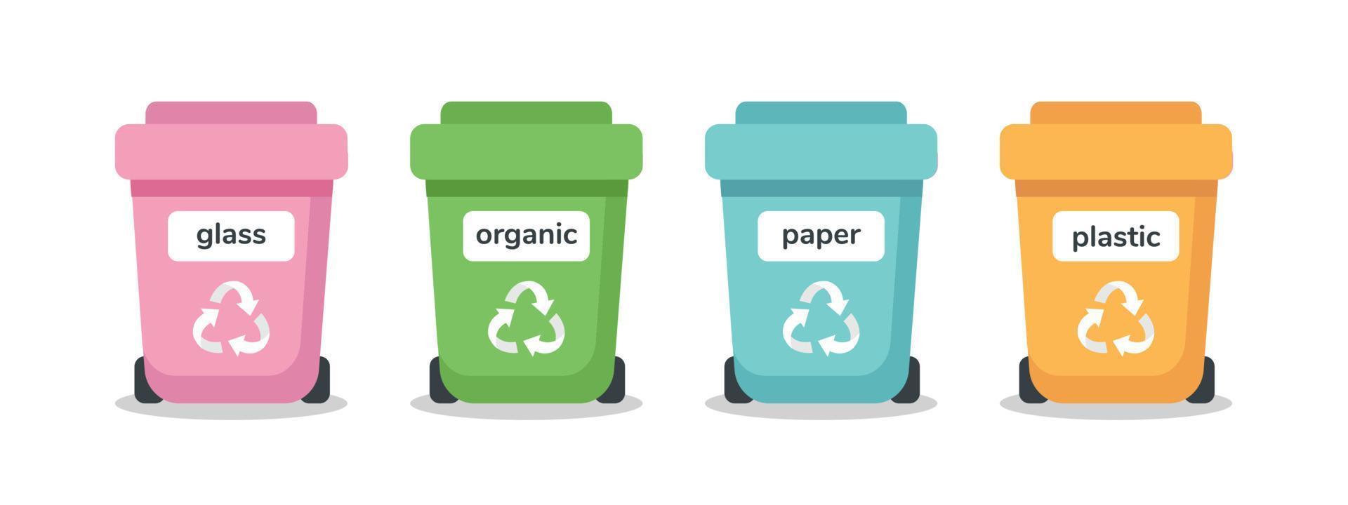 concept de tri des déchets. différentes poubelles colorées. recyclage, gestion des déchets, écologie, durabilité. illustration vectorielle dans un style plat isolé sur blanc. vecteur
