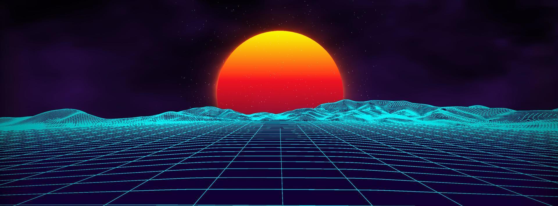 Paysage rétro de fond des années 80. style néon futuriste des années 1980. surface cybernétique. fond de fête. fond de paysage d'été de science-fiction rétro des années 80. vecteur