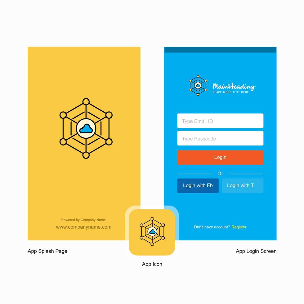 écran de démarrage du réseau cloud de l'entreprise et conception de la page de connexion avec le modèle de logo modèle d'entreprise en ligne mobile vecteur