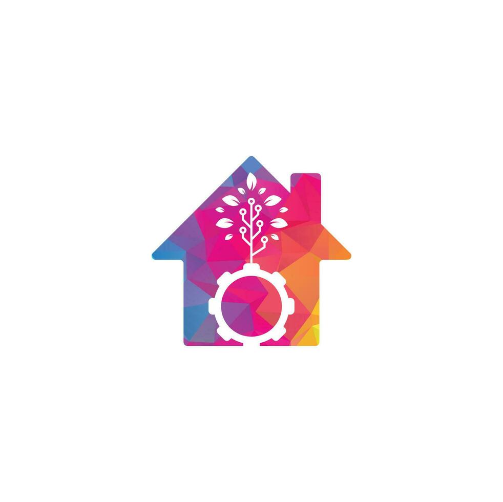 conception de logo vectoriel de concept de forme de maison de feuille d'engrenage. éco-énergie verte, technologie et industrie.