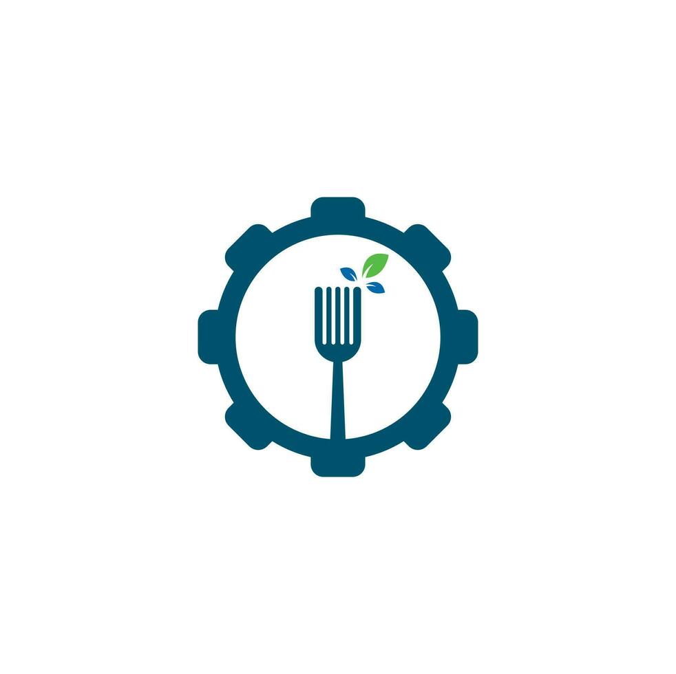 création de logo de concept de forme d'engrenage alimentaire sain. icône du logo fourche et feuille. vecteur