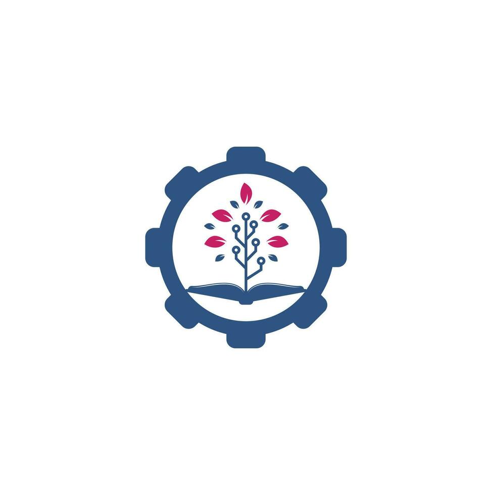 conception de logo de concept de forme d'engrenage de livre et d'arbre de technologie. vecteur de conception de logo tech éducation