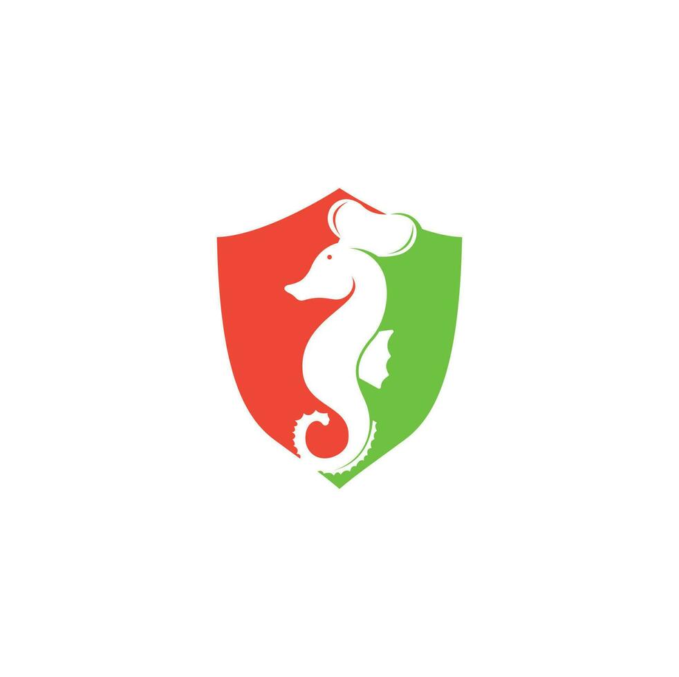 logo de fruits de mer. illustration de symbole fourchette et cuillère de couteau de chef d'hippocampe. modèle de conception de logo chef et hippocampe vecteur