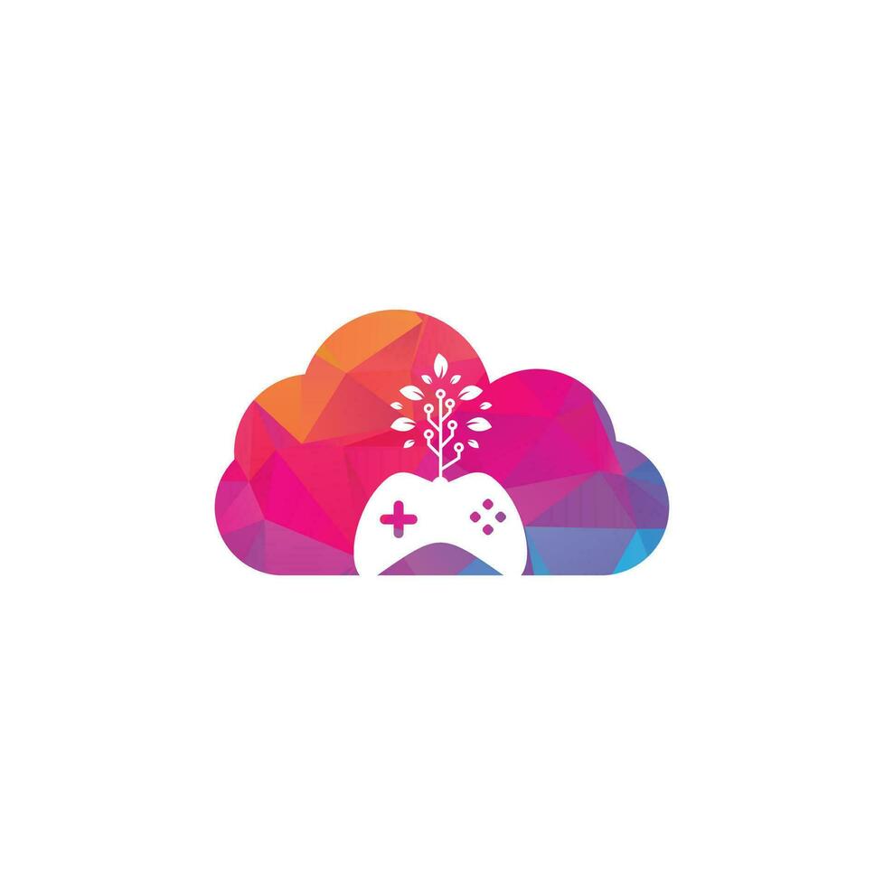 modèle de conception de logo de concept de forme de nuage de jeu et d'arbre technologique. modèle de conception de logo de jeu et de feuille. vecteur