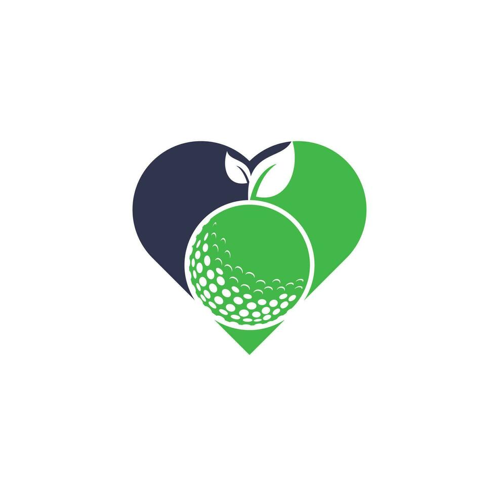 modèle de logo de concept de forme de coeur de feuilles de golf. balle de golf et feuilles, balle de golf et logo de sport vecteur