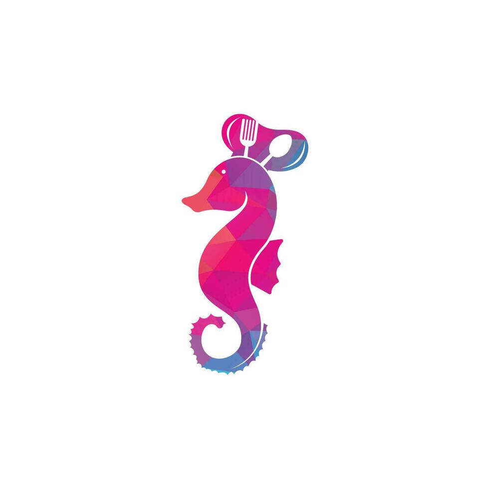 logo de fruits de mer. illustration de symbole fourchette et cuillère de couteau de chef d'hippocampe. modèle de conception de logo chef et hippocampe vecteur