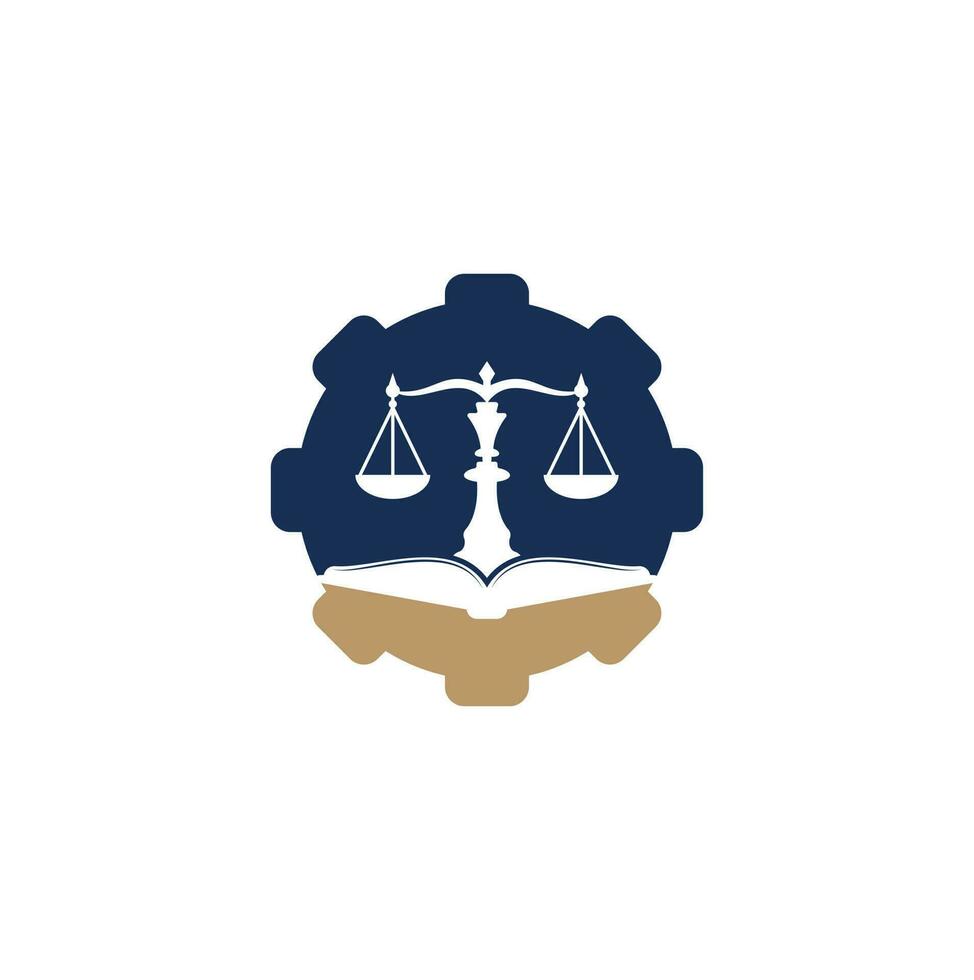 conception de logo de concept de forme d'engrenage d'éducation juridique. balance vectorielle et combinaison de logo de livre ouvert. vecteur