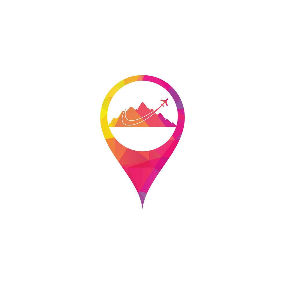 conception de logo vectoriel de concept de forme de broche d'avion et de carte de montagne. création de logo de voyage. avion avec logo montagne