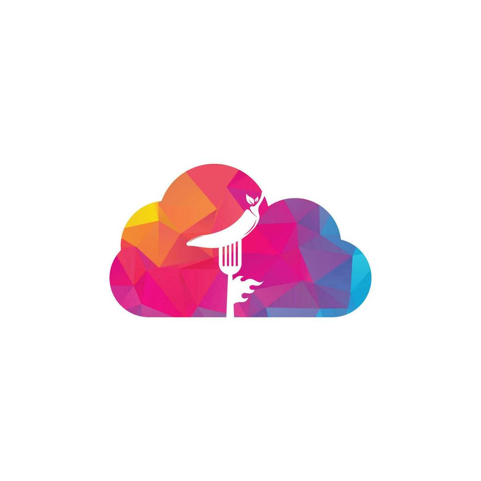 piment chaud avec création de logo de concept de forme de nuage de fourche. modèle de logo de piment et de fourchette adapté à la nourriture épicée, menu de restaurant. vecteur