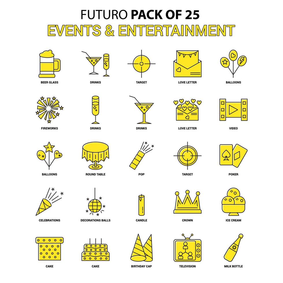 jeu d'icônes d'événements et de divertissements jaune futuro dernier pack d'icônes de conception vecteur