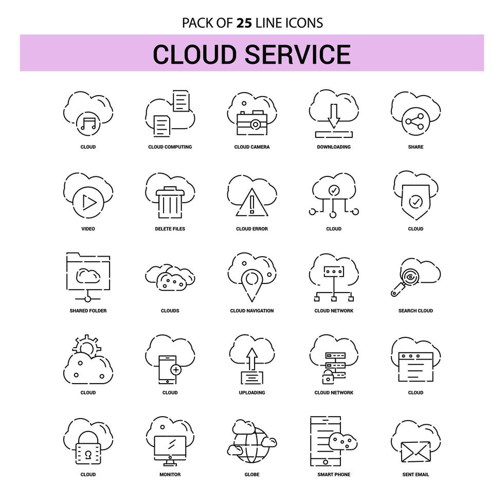 jeu d'icônes de ligne de service cloud 25 style de contour en pointillé vecteur