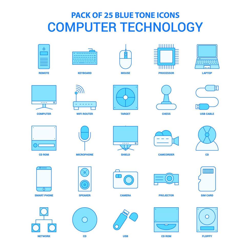 pack d'icônes de ton bleu de technologie informatique 25 jeux d'icônes vecteur