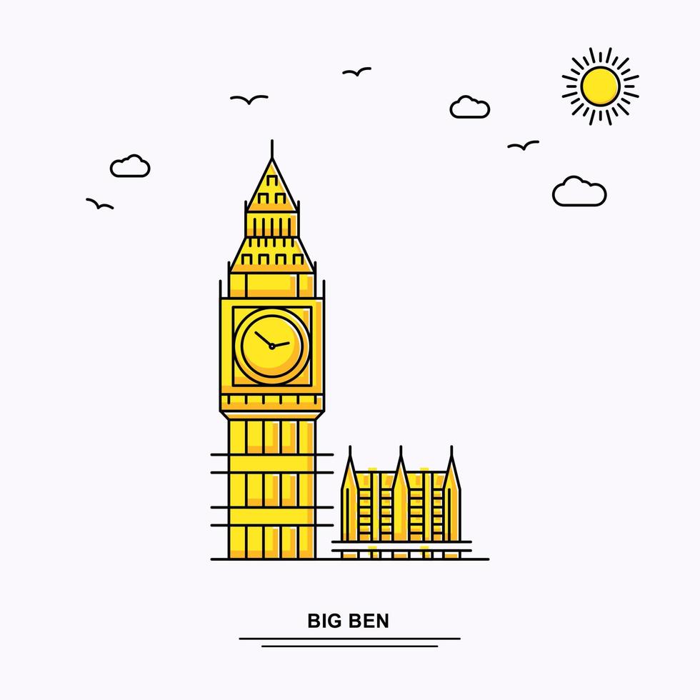 big ben monument affiche modèle monde voyage jaune illustration fond dans le style de ligne avec beauté nature scène vecteur