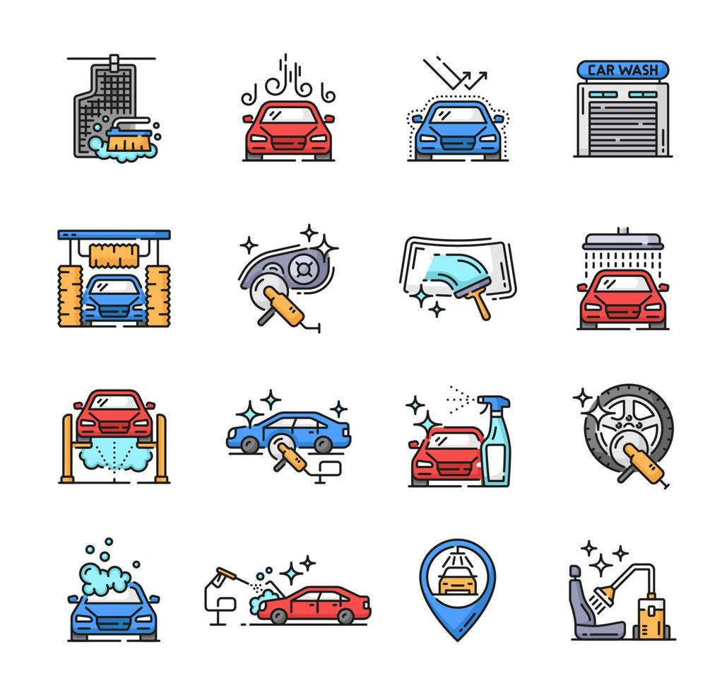 icônes d'entretien automobile, lavage de voiture ou atelier de service propre vecteur