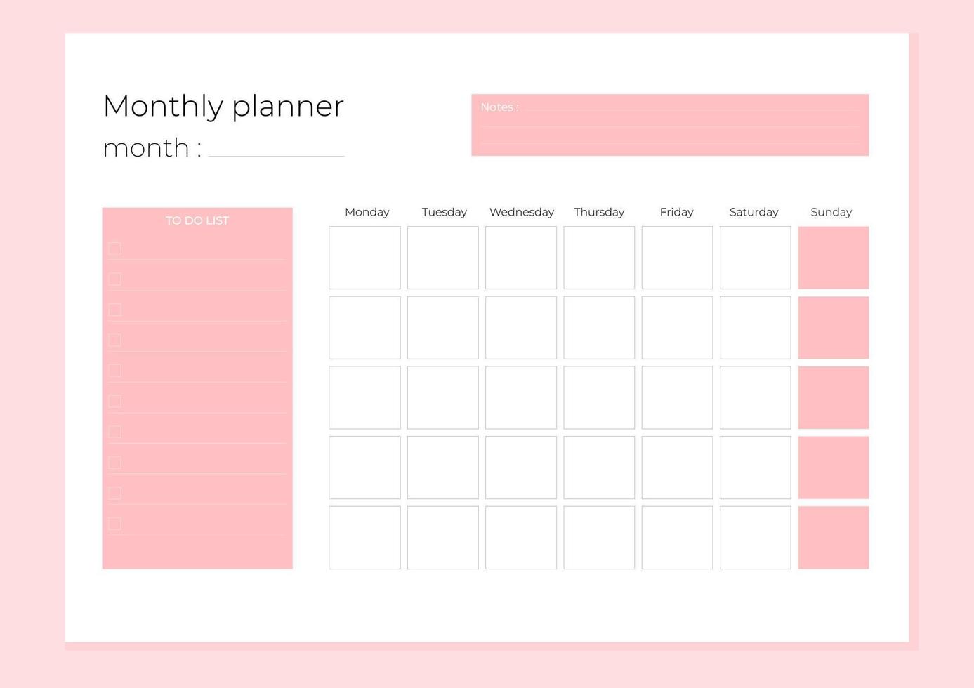 modèle de calendrier de planificateur mensuel rose 2023. planificateur plat minimaliste. vecteur