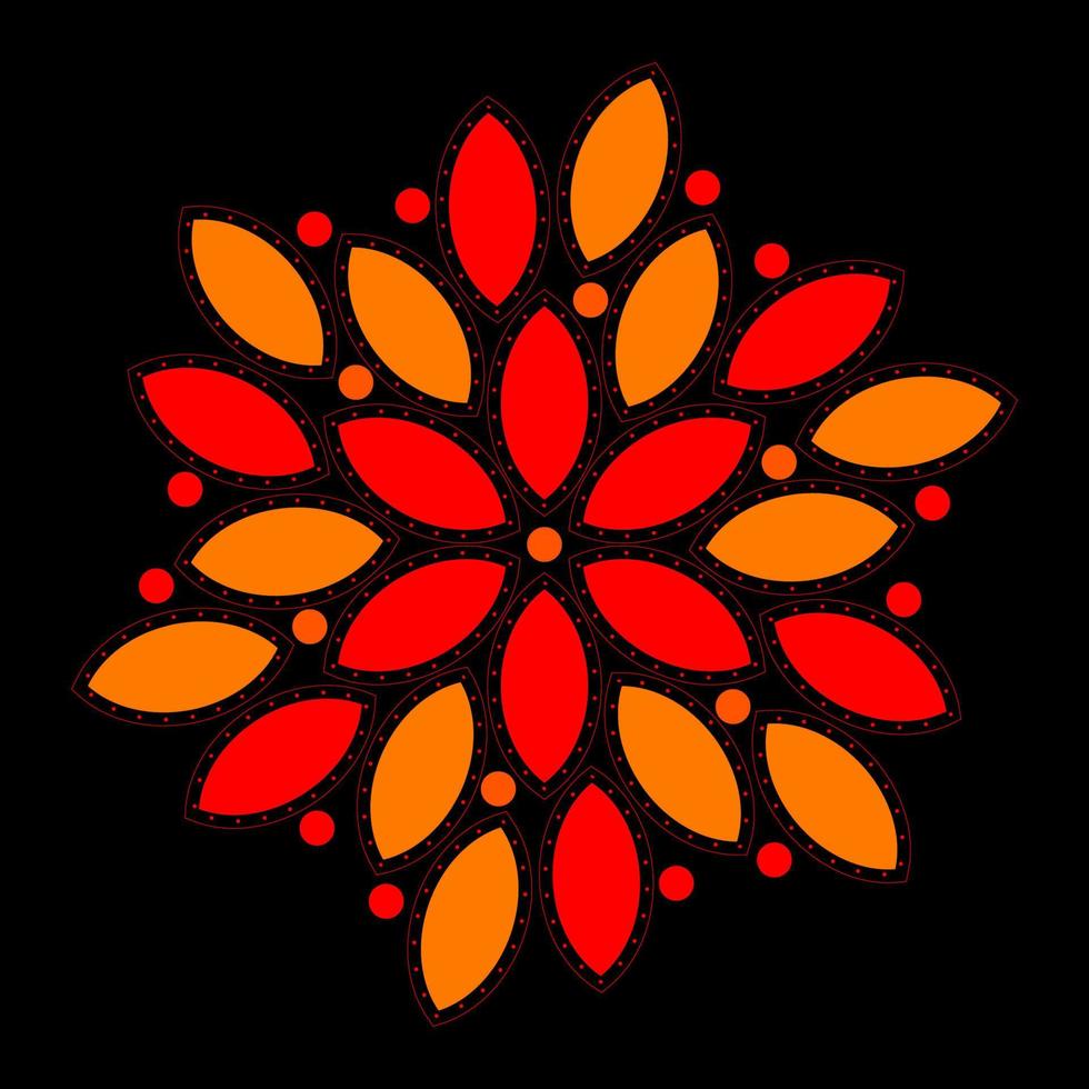 mandala floral aux couleurs rouge et orange sur fond noir vecteur