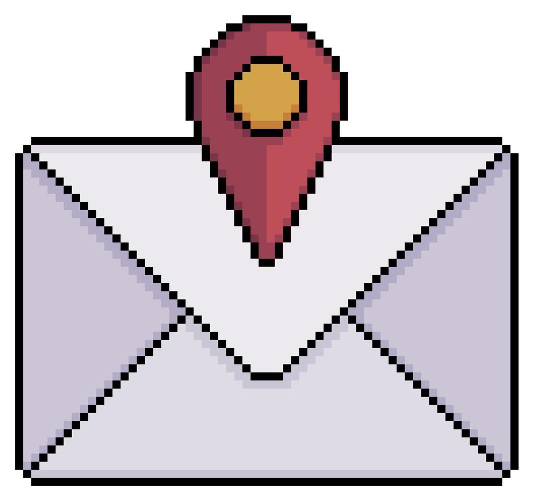 Enveloppe pixel art avec icône gps, icône vectorielle d'adresse e-mail pour jeu 8 bits sur fond blanc vecteur