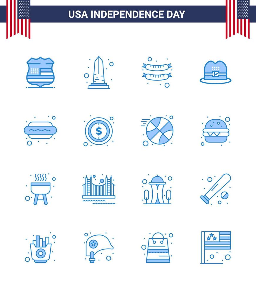 gros pack de 16 usa joyeux jour de l'indépendance usa vector blues et symboles modifiables de nourriture hot dog washington chapeau américain modifiable usa day vector design elements