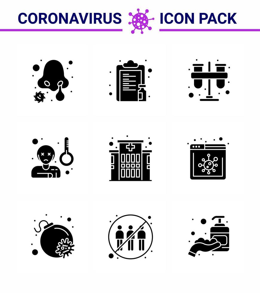 icône de sensibilisation au coronavirus 9 icônes noires de glyphe solide icône incluse virus de température papier fièvre stage coronavirus viral 2019nov éléments de conception de vecteur de maladie
