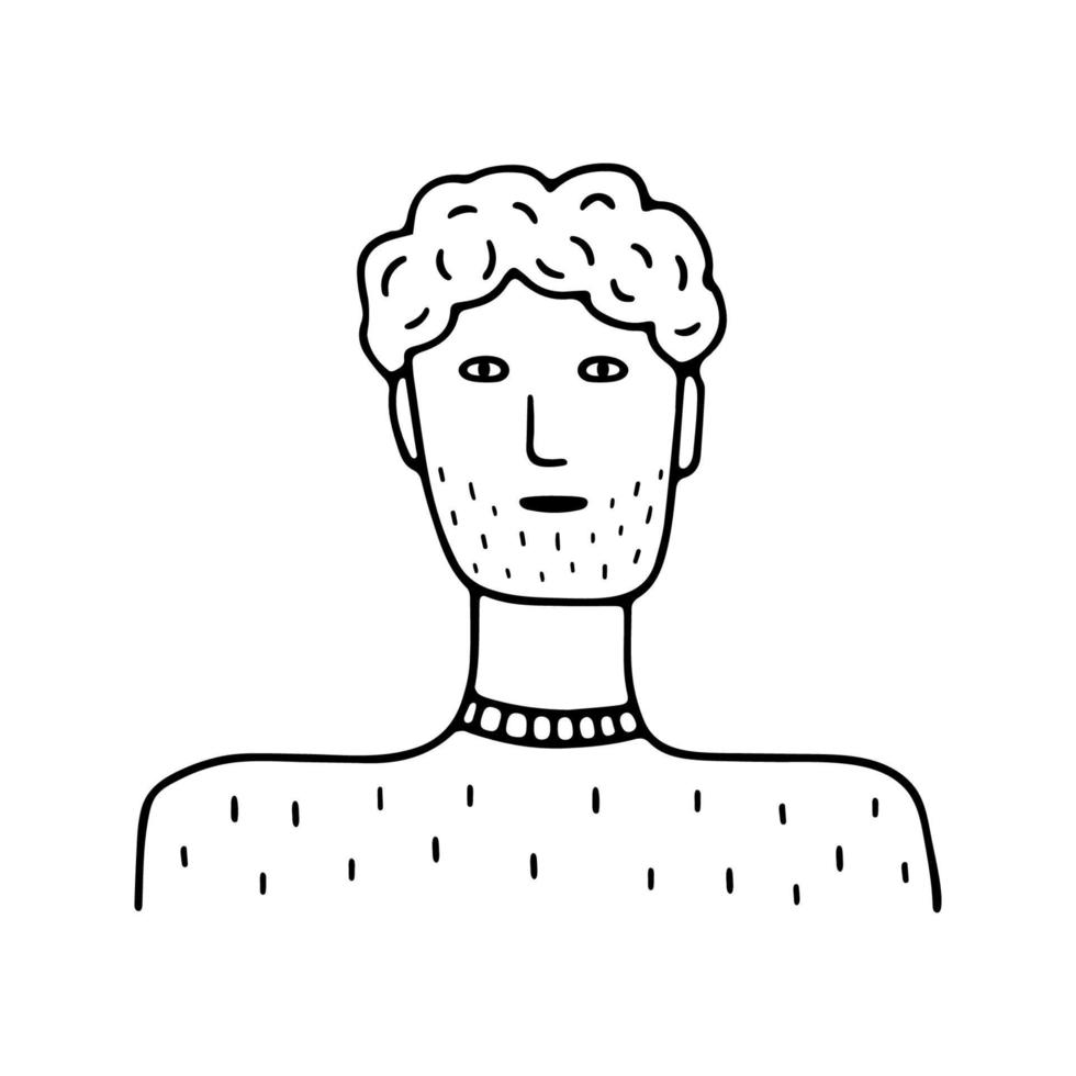 doodle jeune homme avec portrait de chaume. icône dessinée à la main à la mode. illustration vectorielle noir et blanc. croquis de griffonnage dessiné à la main. parfait pour les médias sociaux, les avatars, le site Web, l'affiche vecteur