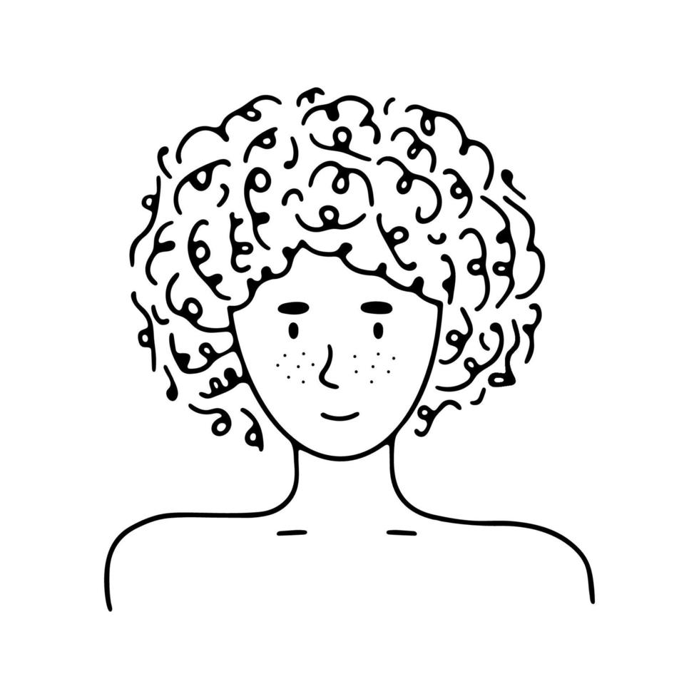 portrait de jeune doodle aux cheveux bouclés. homme ou femme, garçon ou fille. icône dessinée à la main à la mode. illustration vectorielle noir et blanc. croquis dessiné à la main. parfait pour les médias sociaux, les avatars, le site Web vecteur