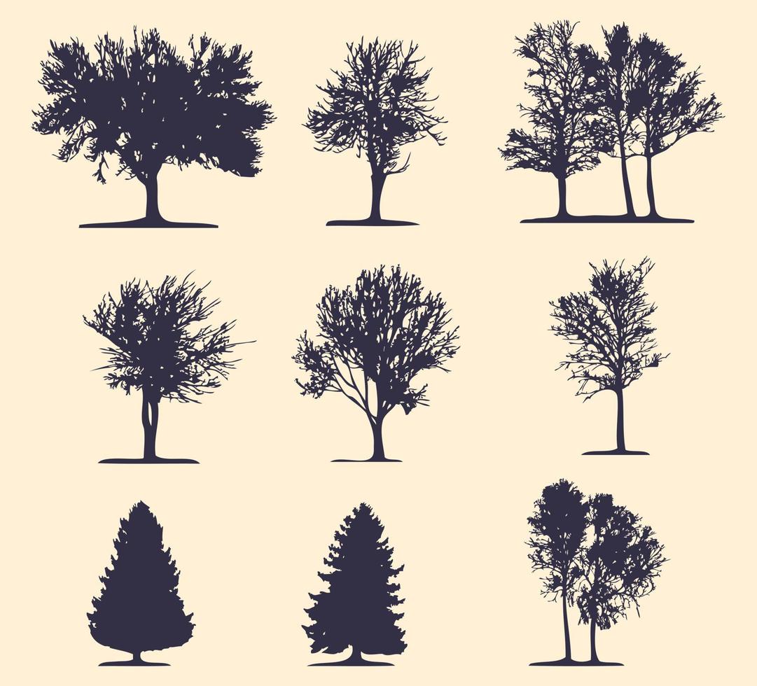 ensemble de silhouettes d'arbres à feuilles caduques et de conifères vecteur