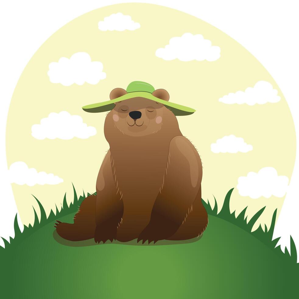 un ours au chapeau vert assis dans un pré vecteur