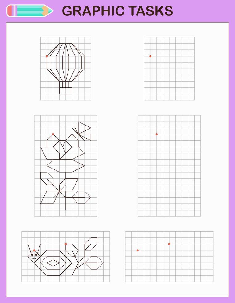 tâches graphiques. jeu éducatif pour les enfants d'âge préscolaire. des feuilles de travail pour pratiquer la logique et la motricité. jeu pour enfants. tâches graphiques avec différents objets et éléments. illustration vectorielle vecteur