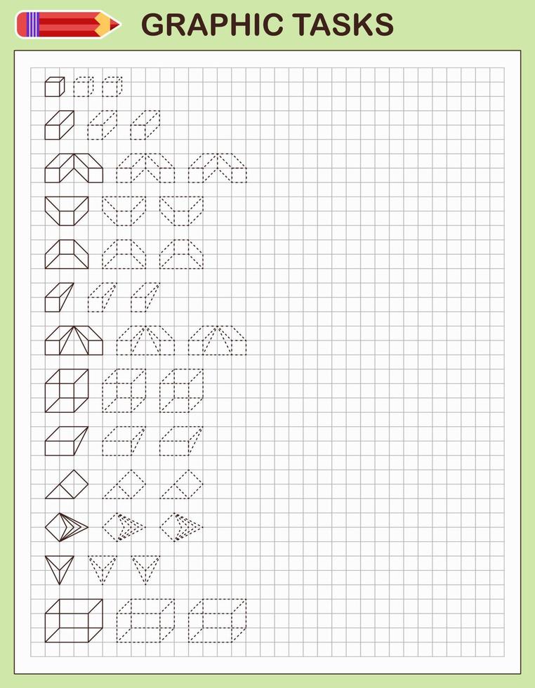 tâches graphiques. jeu éducatif pour les enfants d'âge préscolaire. des feuilles de travail pour pratiquer la logique et la motricité. jeu pour enfants. tâches graphiques avec différents objets et éléments. illustration vectorielle vecteur