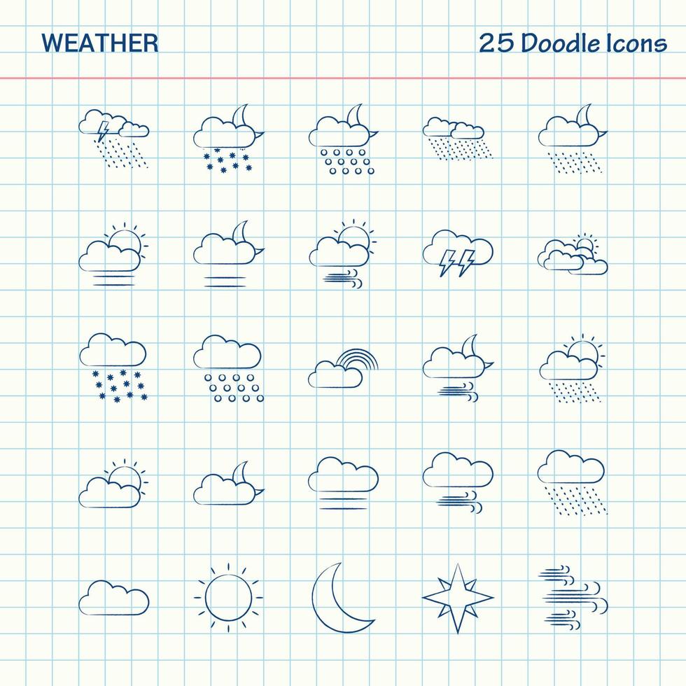météo 25 icônes doodle jeu d'icônes d'affaires dessinés à la main vecteur