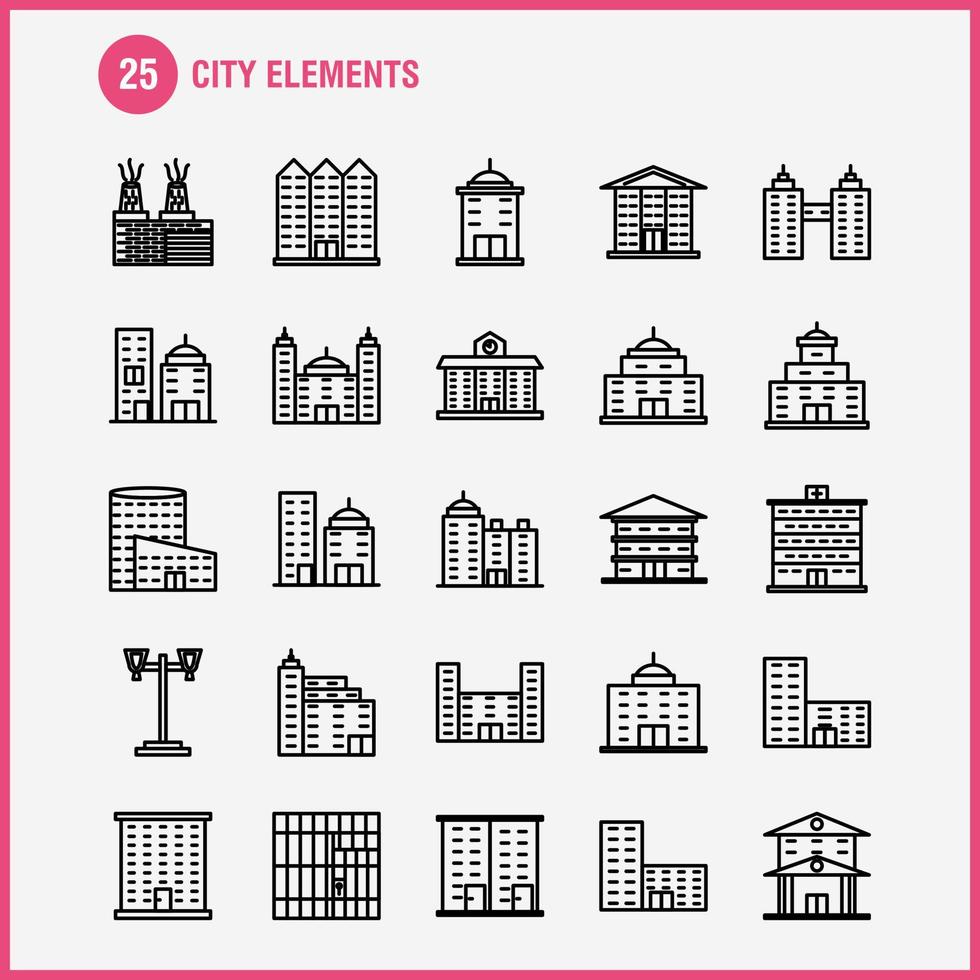 icônes de ligne d'éléments de la ville définies pour l'infographie le kit uxui mobile et la conception d'impression incluent la construction de la tour les immeubles de bureaux de la ville la tour le bureau de la ville le vecteur eps 10