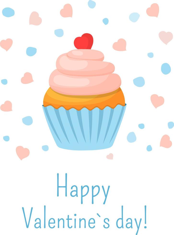 carte postale avec un cupcake pour la saint valentin. illustration vectorielle mignonne, couleurs délicates en style cartoon. vecteur