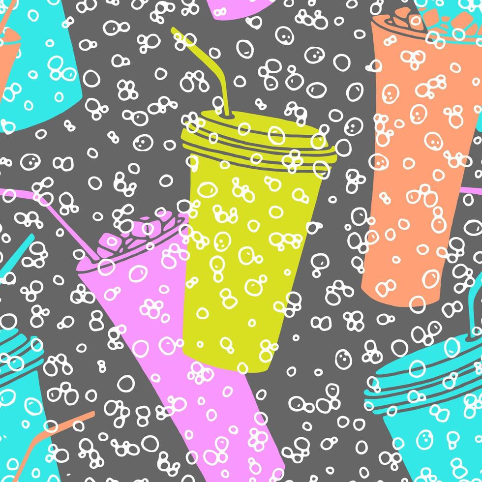 modèle sans couture dessiné à la main avec des tasses à café de différentes formes avec des pailles à boire sur fond de bulles. toile de fond répétable drôle et lumineuse. vecteur