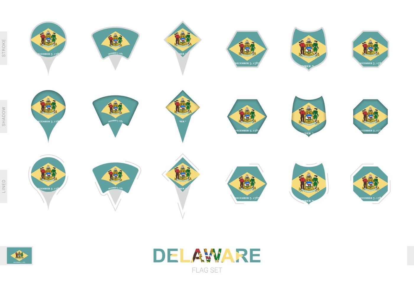 collection du drapeau du delaware sous différentes formes et avec trois effets différents. vecteur