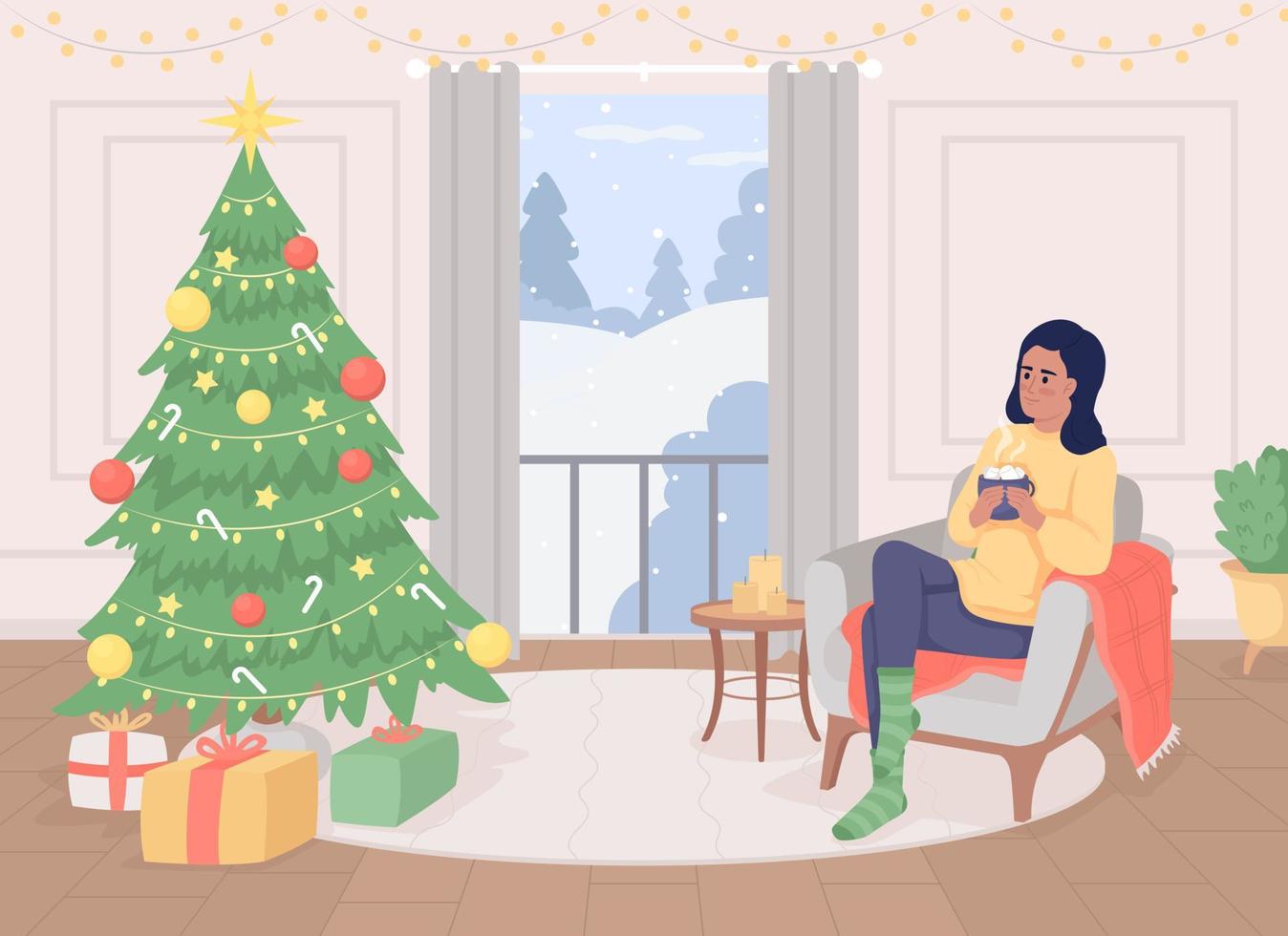 boire du cacao chaud à la maison illustration vectorielle de couleur plate. vacances de Noël. week-ends douillets. L'hiver. personnages de dessins animés simples 2d entièrement modifiables avec une atmosphère de noël festive sur fond vecteur