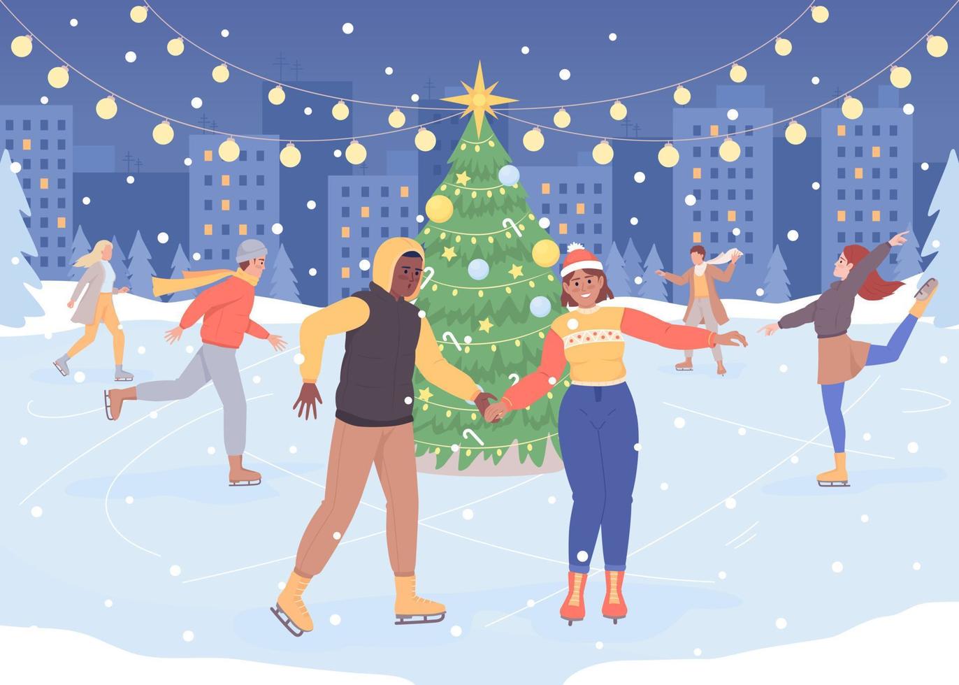 illustration vectorielle de couleur plate de patinoire de noël. vacances de Noël. L'hiver. amateurs de patinage. personnages de dessins animés simples 2d entièrement modifiables avec une atmosphère de noël festive sur fond vecteur