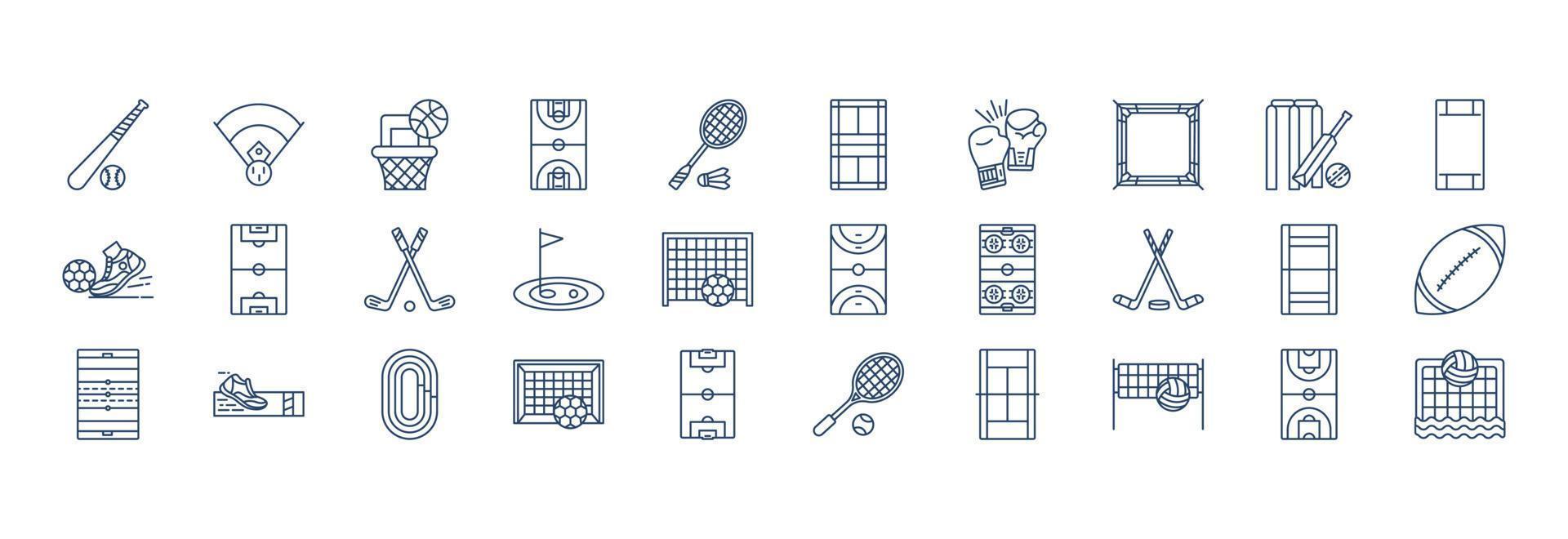 collection d'icônes liées aux stades et aux jeux, y compris des icônes comme le jeu de baseball, le basket-ball, la boxe, le cricket et plus encore. illustrations vectorielles, ensemble parfait de pixels vecteur