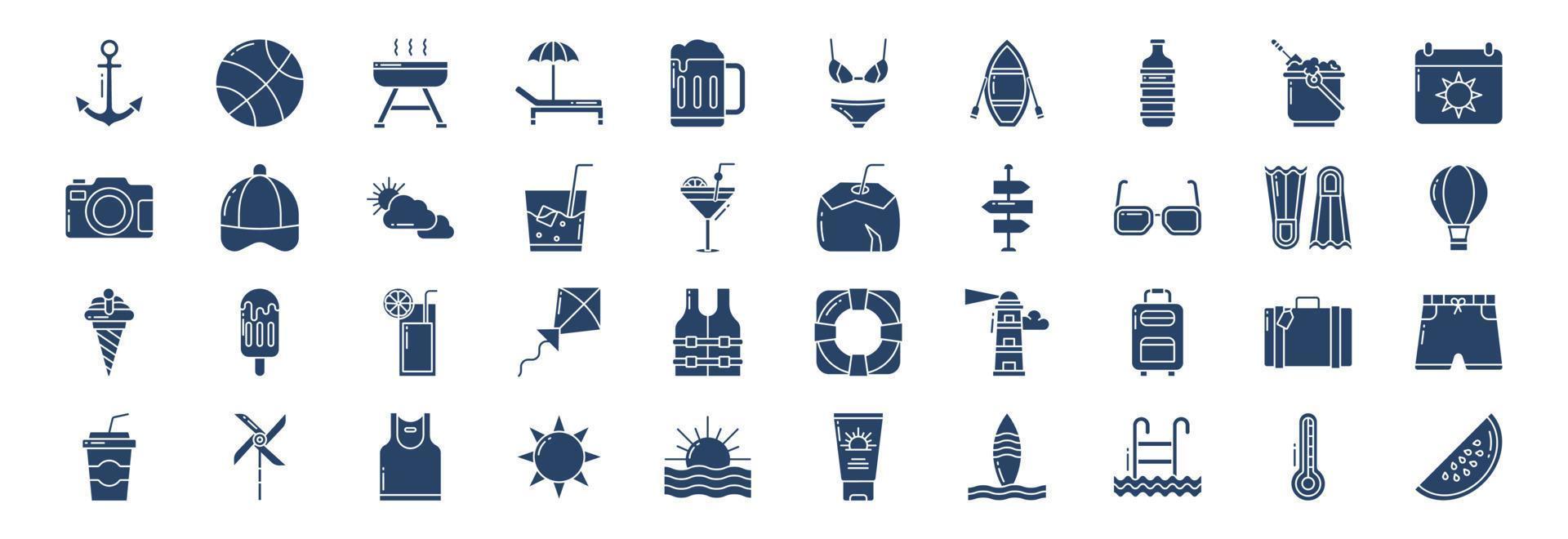 collection d'icônes liées à l'été et aux vacances, y compris des icônes comme l'ancre, la balle, le barbecue, la chaise de plage et plus encore. illustrations vectorielles, ensemble parfait de pixels vecteur