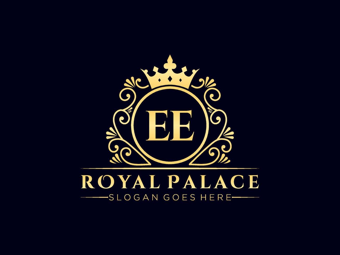 lettre e logo victorien de luxe royal antique avec cadre ornemental. vecteur
