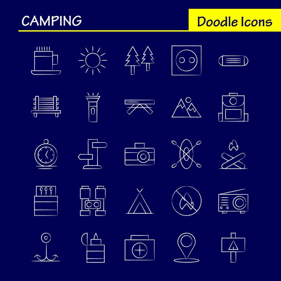 camping pack d'icônes dessinés à la main pour les concepteurs et les développeurs icônes de banc camping voyage en plein air match de camping vecteur de feu en plein air