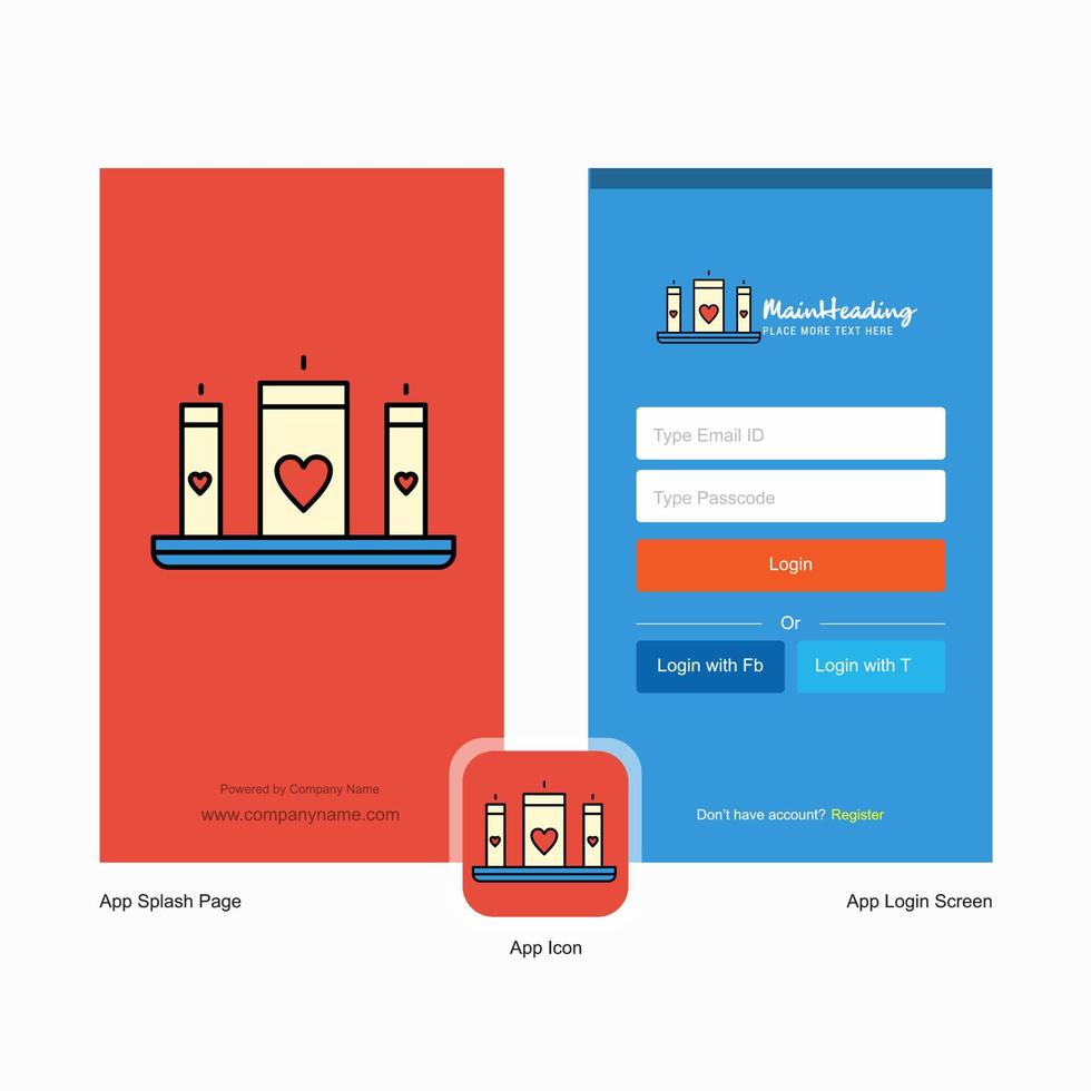 écran de démarrage des bougies d'amour de l'entreprise et conception de la page de connexion avec le modèle de logo modèle d'entreprise en ligne mobile vecteur