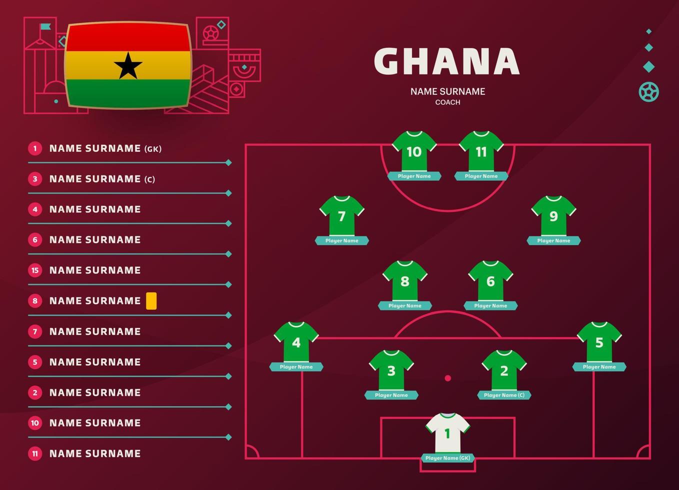 ghana line-up illustration vectorielle de la phase finale du tournoi mondial de football 2022. table de composition de l'équipe nationale et formation de l'équipe sur le terrain de football. drapeaux de pays de vecteur de tournoi de football