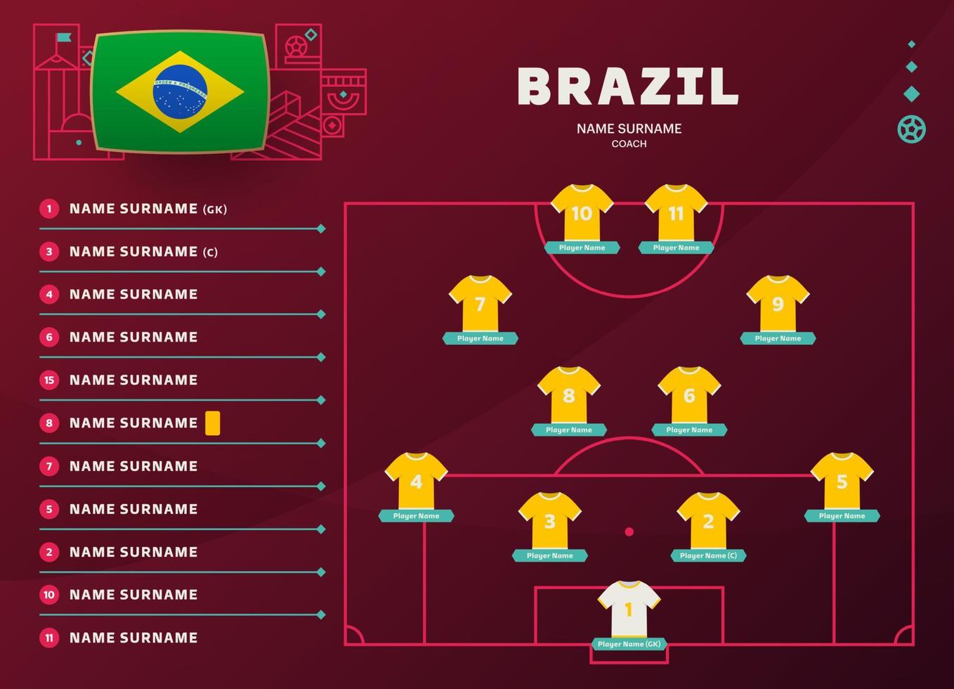 brésil line-up illustration vectorielle de la phase finale du tournoi mondial de football 2022. table de composition de l'équipe nationale et formation de l'équipe sur le terrain de football. drapeaux de pays de vecteur de tournoi de football