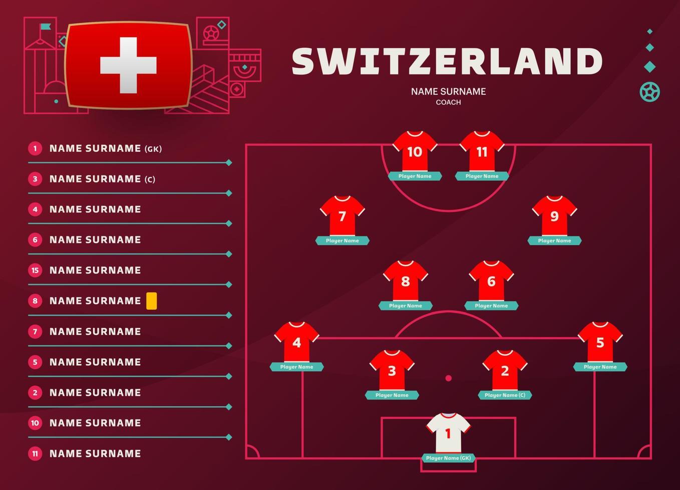 illustration vectorielle de la phase finale du tournoi de football mondial 2022 de la suisse. table de composition de l'équipe nationale et formation de l'équipe sur le terrain de football. drapeaux de pays de vecteur de tournoi de football